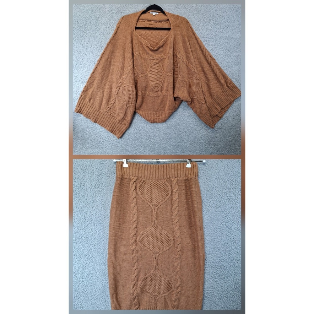 Fashion Nova 2 Piece Sweater & Skirt Women Large Camel Cable Knit Batwing Sleeve
